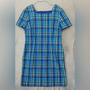 Halmode Petites Vintage Blue Plaid Dress Short Sleeve Secretary Y2K 90’s Sz 16